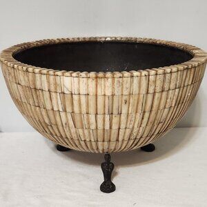 Vintage Ronita Smith Bone Inlaid Metal Footed 12" Round Decorated Bowl 7" Tall